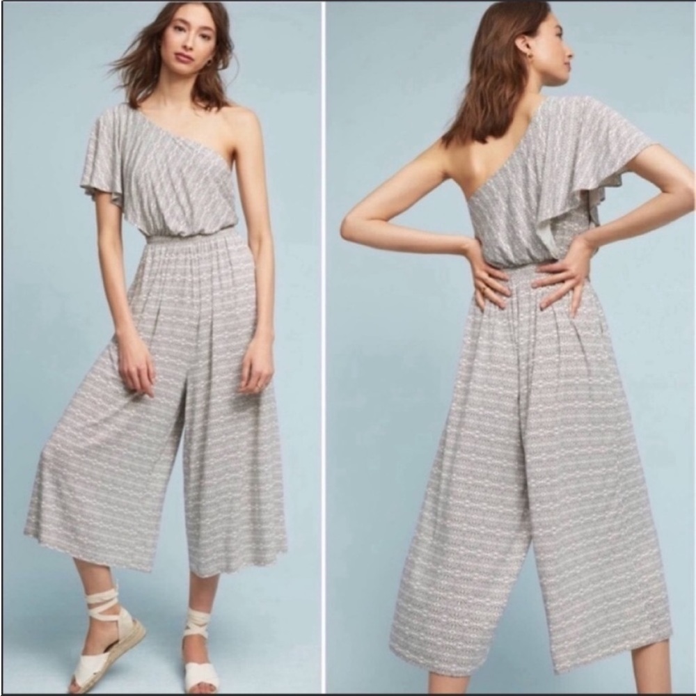 Anthropologie Maeve Jamie One Shoulder Wide Leg Cropped Jumpsuit Gray Ruffle XS